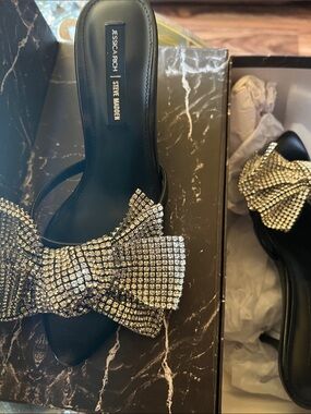 Steve Madden Black Slide Mules with Crystal Bow